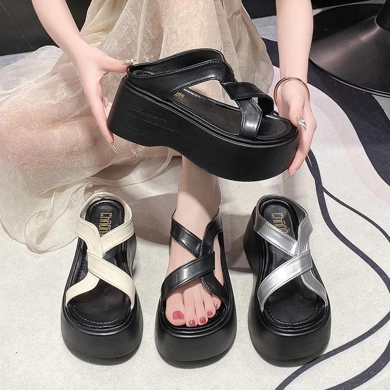 Summer Women Slippers Beach Flip-Flops Ladies Chunky Leather Shoes Wedge Heels Outside Sandals Woman High Platform Slippers 8CM
