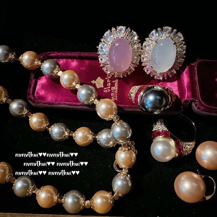 Kaiserliches Brasilien Rosa Lila Chalcedon Edelsteinring, Meerjungfrauentränen, Tahitianischer Ragon Platin Grau Perlen Halskettenring