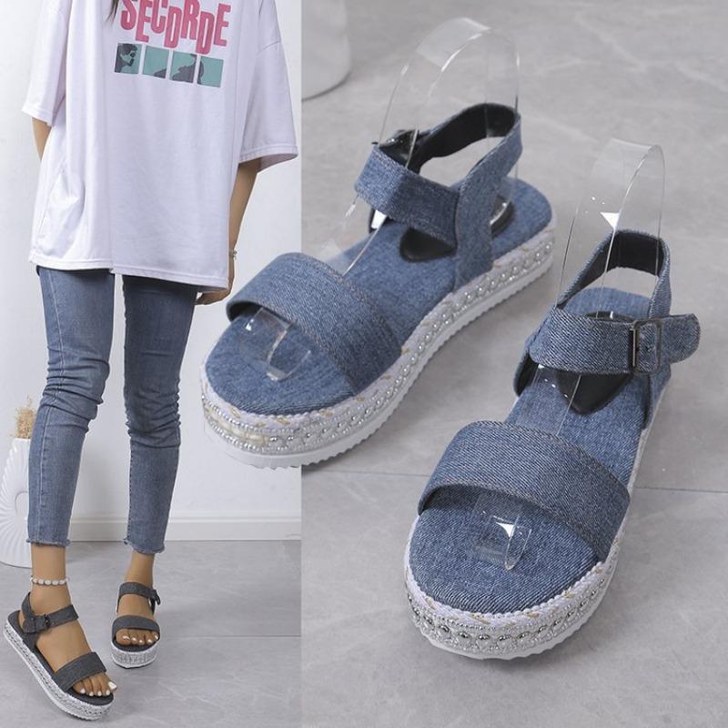 Mode 2025 Metallic-Sandalen Damen Damen Sommermode Denim Ein-Schnallen-Sandalen Offene Zehen Dicke Sohle Sandalen
