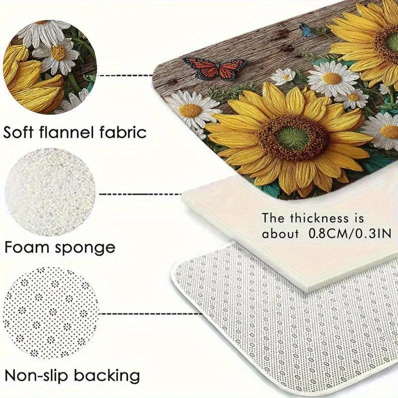1pc Sunflower Daisy Butterfly Floor Mat, Polyester Fabric, Machine Washable, Suitable for Bedroom, Living Room Decoration