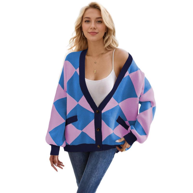 Women Color Block Loose Cardigan Button Knit Sweater Fall and Winter Coatigan