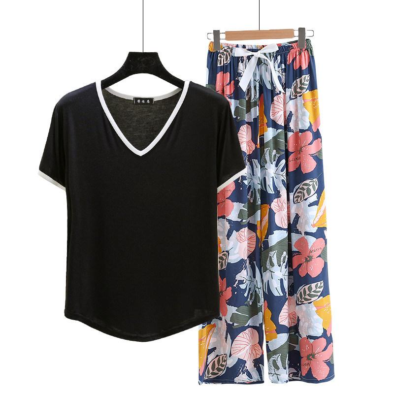 Modal Loungewear V-Neck color-block Tshirt and Floral Wide leg pants Summer Thin Pajamas sets Casual Plus size Homewear 2pcs suit Comfort clothing
