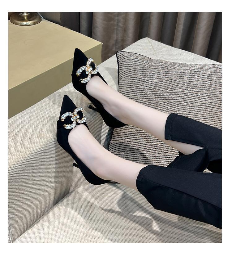 Rhinestone suede black high heels women's stiletto 2025 spring new French pointed buckle banquet dress single shoes