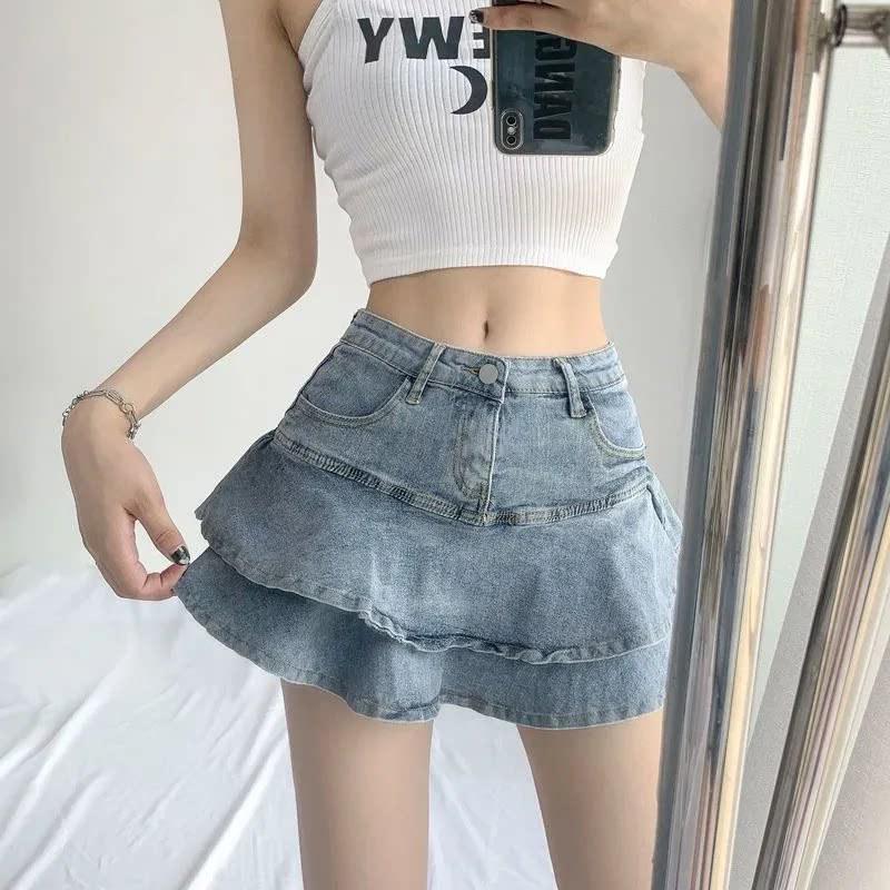 

High-Waist Fishtail Pleated Denim Mini Skirt - Slim A-Line Design Medium светло-синий