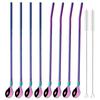 10Pcs/Set Straw Spoon Portable Black Tea Scoop Reusable Colored Stainless Steel Straws Colorful Dinnerware Set For Bar Party