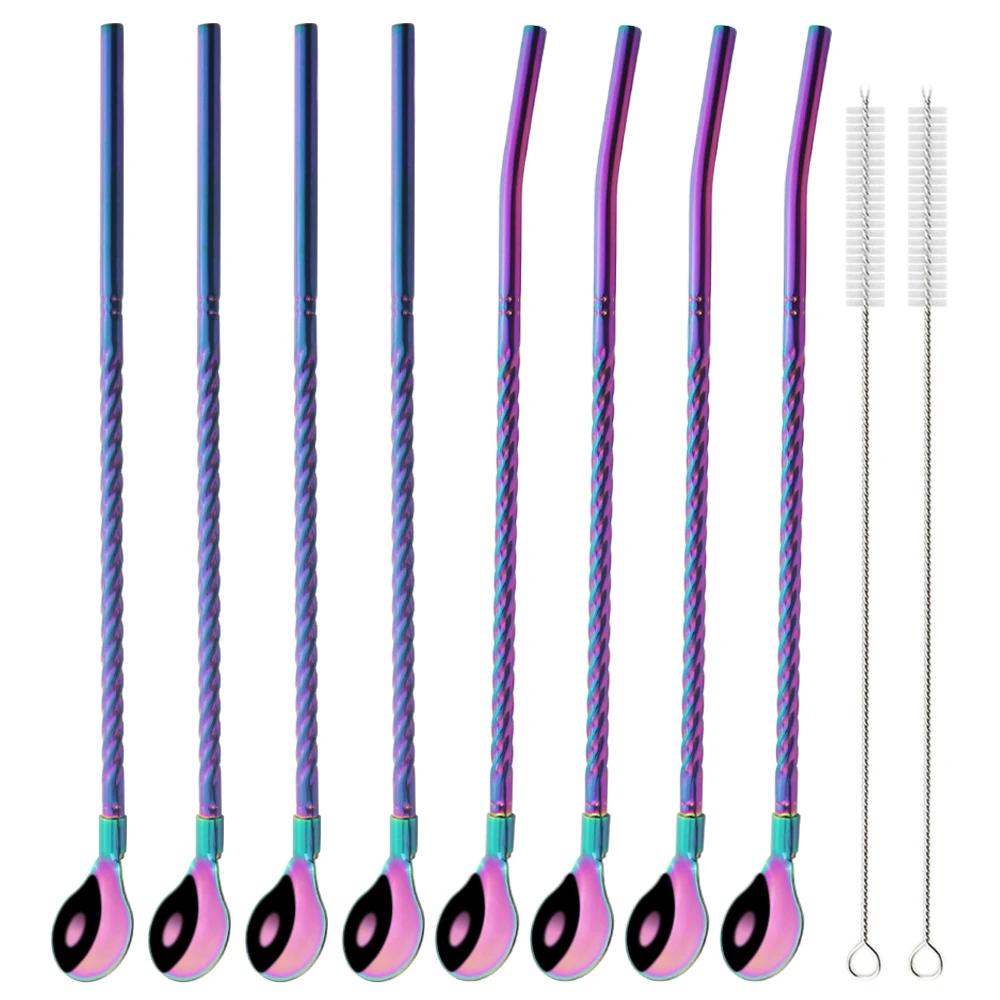 10Pcs/Set Straw Spoon Portable Black Tea Scoop Reusable Colored Stainless Steel Straws Colorful Dinnerware Set For Bar Party