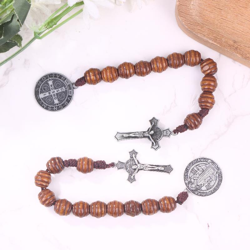 Saint Benedict Medal Prayer Pocket Rosary Catholic Brown Wood Beads With Saint Benedict Medal And Crucifix