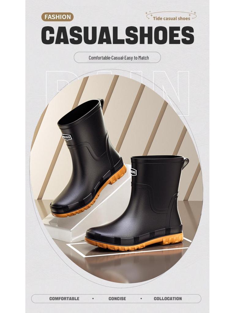 Men's British Style Waterproof Mid-Calf Rubber Rain Boots with Elastic Cuff - Non-Slip Winter Outdoor Fashion