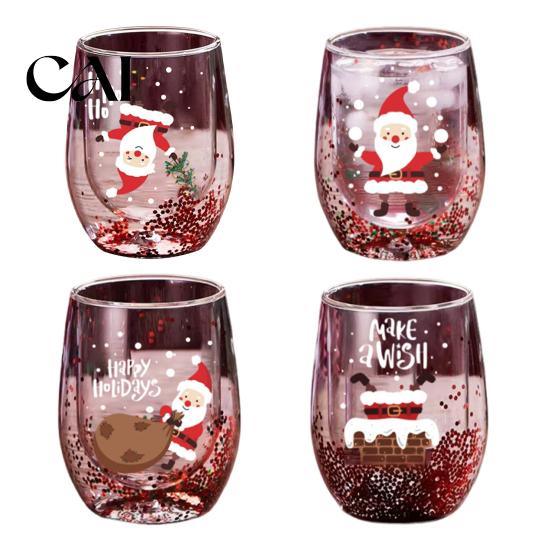Anti Scalding Heat Resistant Cup Double Layer Glass Cup, with Santa Claus/Small Tree/Stack/Bag Patterns Decor, Family Gathering Tableware Quicksand