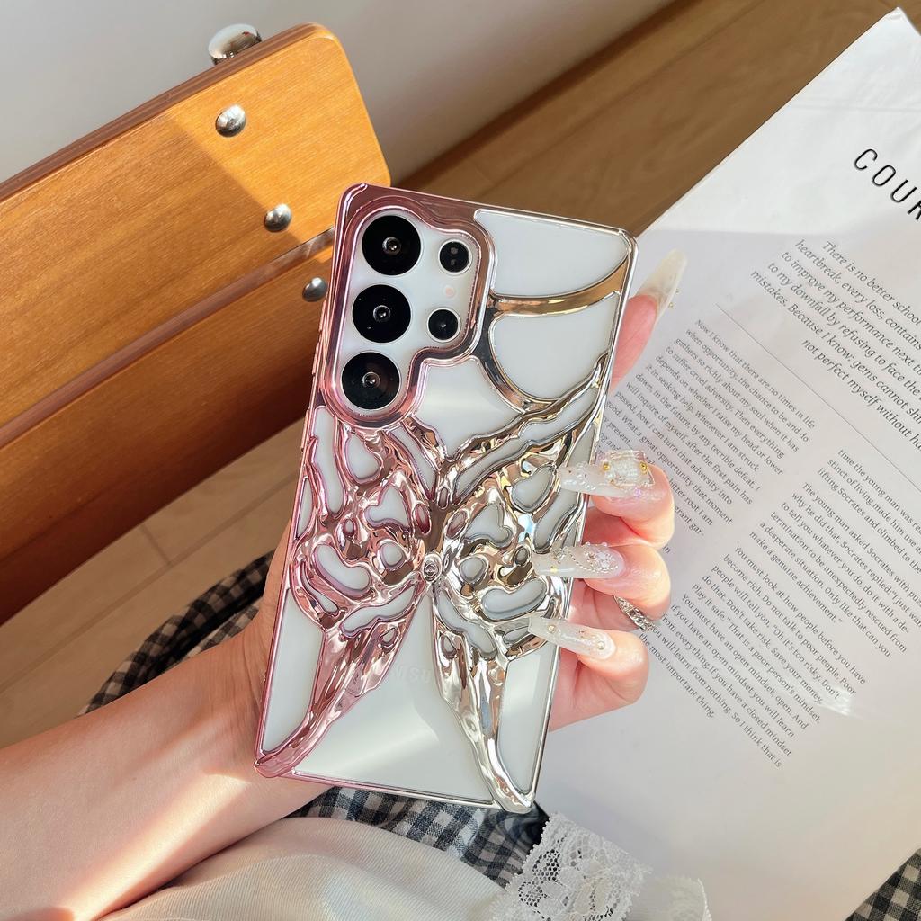 Luksusowe Etui na Telefon 3D Kolorowy Gradient Motyl Puste Wycięcia Dla Samsung S25 S24 Ultra Plus Odporne na Wstrząsy Chłodzące Galwanizowane Tylne Etui