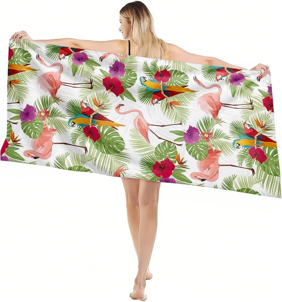 1 Stück Handtuch Tropischer Stil Flamingo Blatt Muster für Geschenke Schnelltrocknendes Strandhandtuch Für Yoga Tourismus Strand GYM Camping Schwimmen