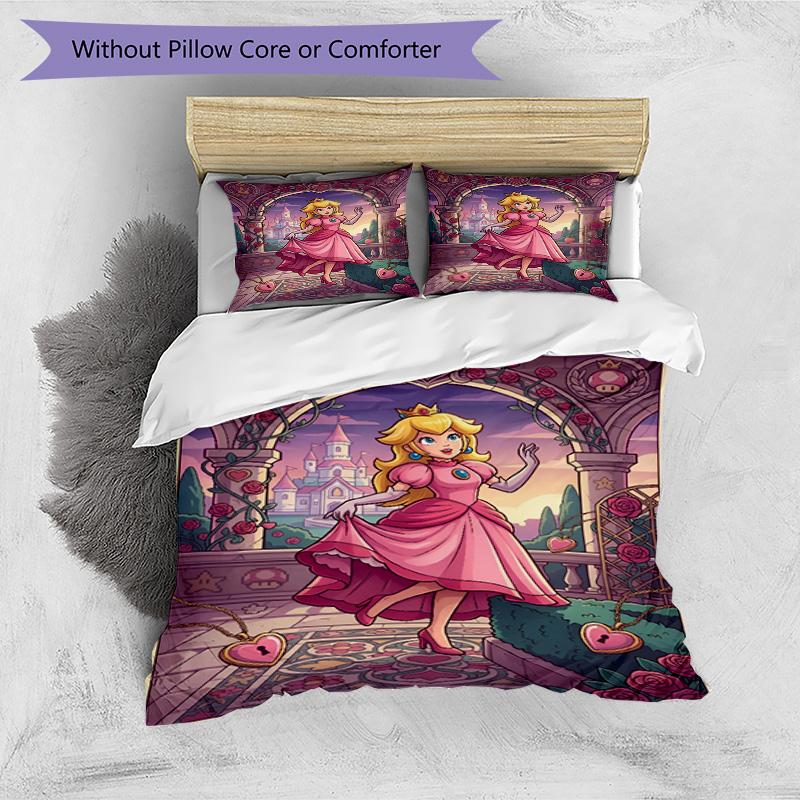 3pcs Duvet Cover Set (1*Duvet Cover + 2*Pillowcase, Without Core), Princess Peach Toadstool Print Bedding Set, Bedroom Decor, All‑Season, Birthday Gif