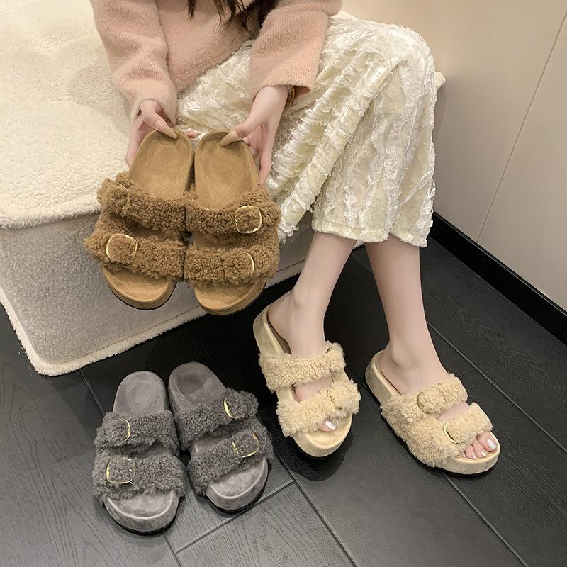 Internet celebrity thick bottom one-word button fluffy slippers women's wear 2025 autumn and winter new velvet warm non-slip Birkenstock cotton mop