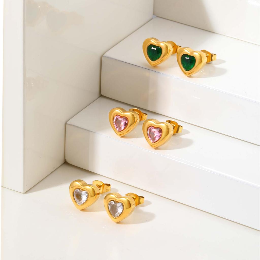 Chic Heart-shaped Zircon Stud Earrings,Gold Plated Stainless Steel Waterproof Earrings for Women,Exquisite Jewelry Gift