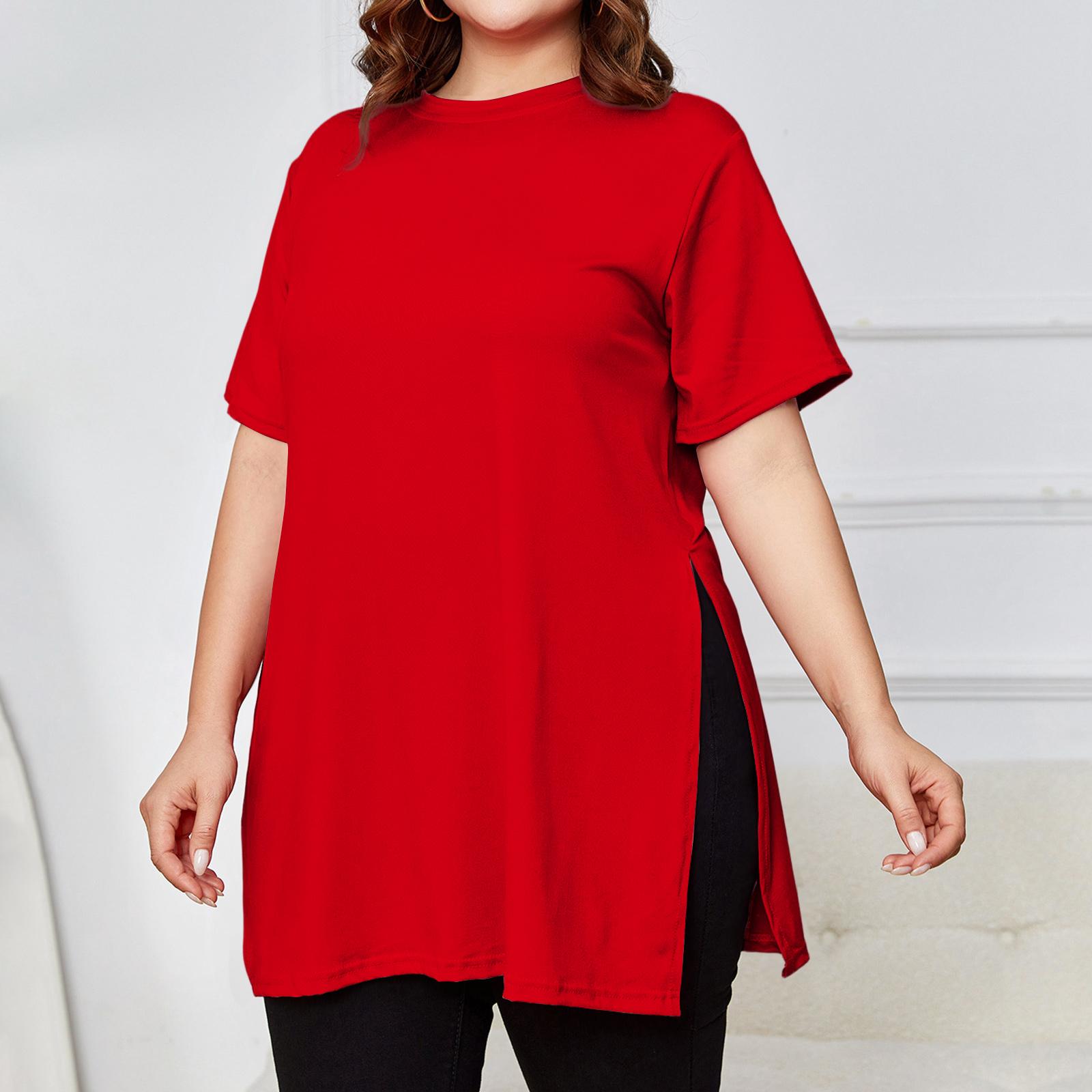 

Women s Plus Size Slit Long T-shirt Round Neck Casual Loose Short Sleeved Top XXL червоний