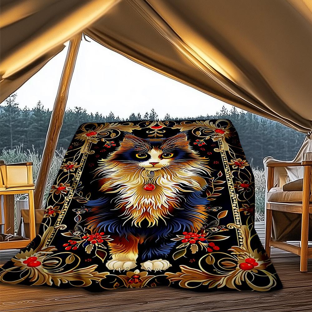1pc Cat Ornament Print Outdoor Blanket, Lightweight Polyester,