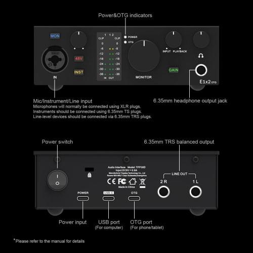 TOPPING Professional E1X2 OTG 1-in/2-out Audio Interface, Audio Mixer for Streaming, DTM, Mixing, Music Production, Singing, and More. USB Type-C Moni