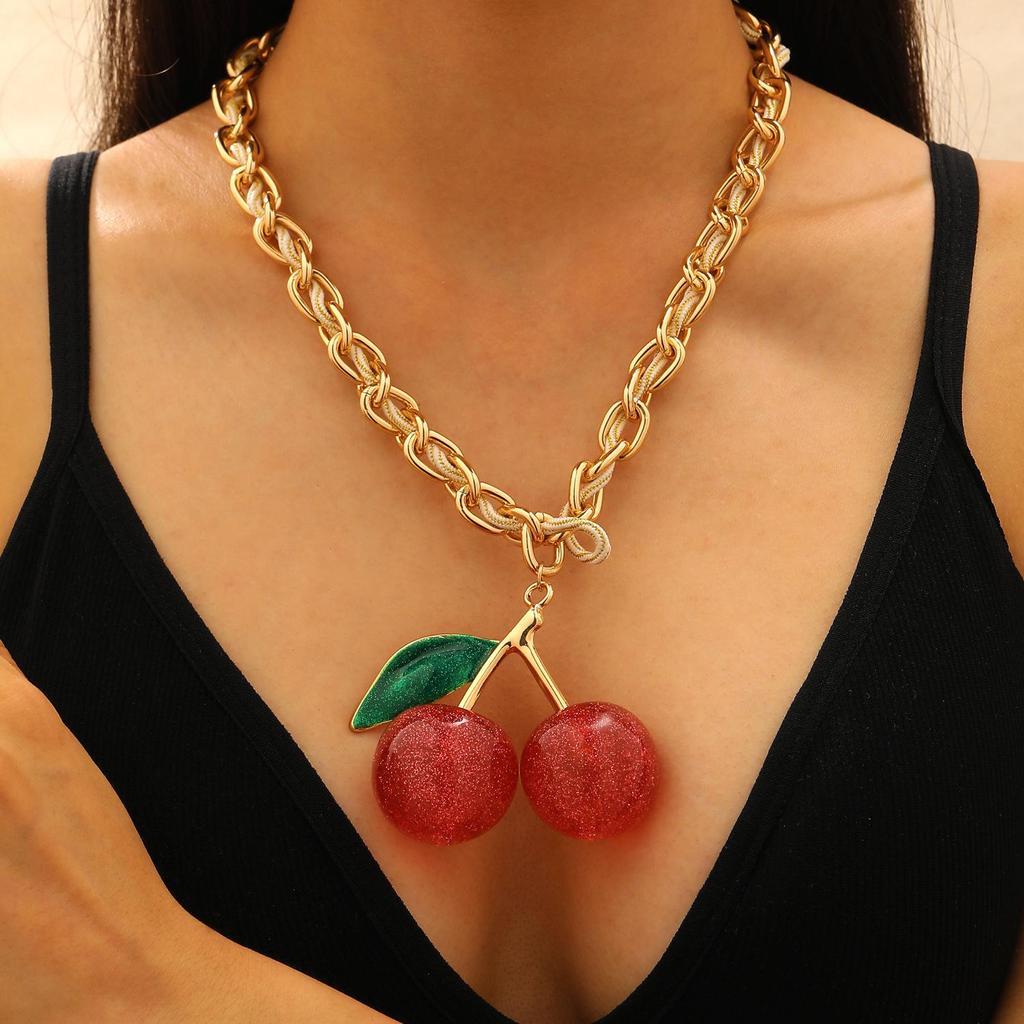 Fashionable Exaggeration Red Cherry Fruit Pendant Personalized Thick Chain Necklace For Women