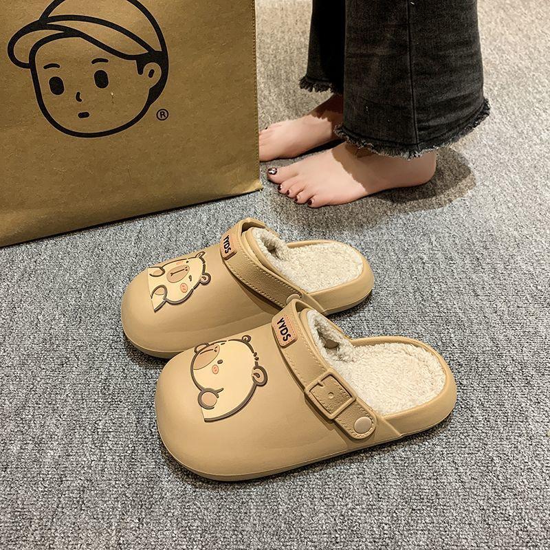 Cute cartoon velvet thick-soled women's cotton slippers 2025 autumn and winter new outer wear two wear bag head and half slippers women