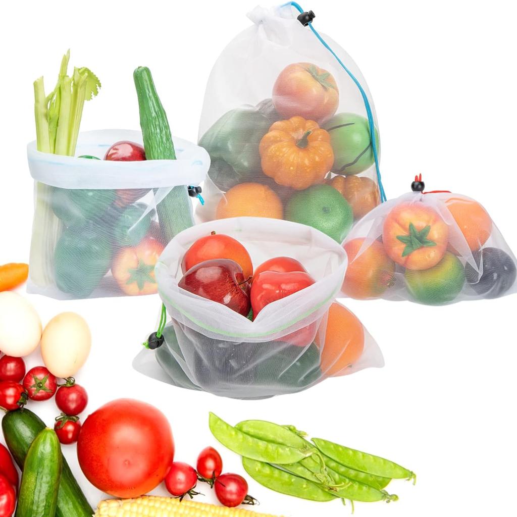 Opakovaně použitelné sáčky ze síťoviny – omyvatelné sáčky – 12 malých červených (8" x 12") Průhledné síťové sáčky pro skladování ovoce, zeleniny, hraček