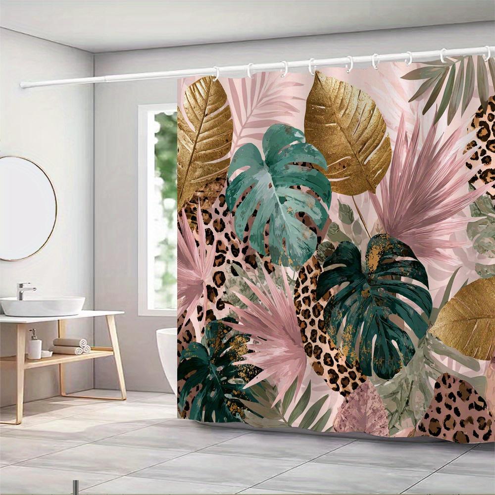 Exquisite Fashion Items Pink/Gold Tropical Jungle Shower Curtain – Background With Emerald Monstera Leaves, Leopard Print Accentsscenic Botanical Decor