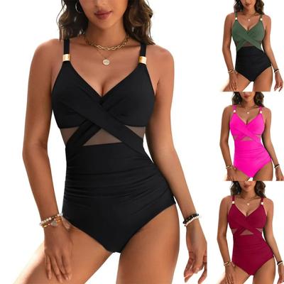 Fashion Sexy Skinny Swimwear Women Pleated Mesh Cross V Neck Suspender One Piece Swimsuit 2025 New Solid Bathing Suit Beachwear