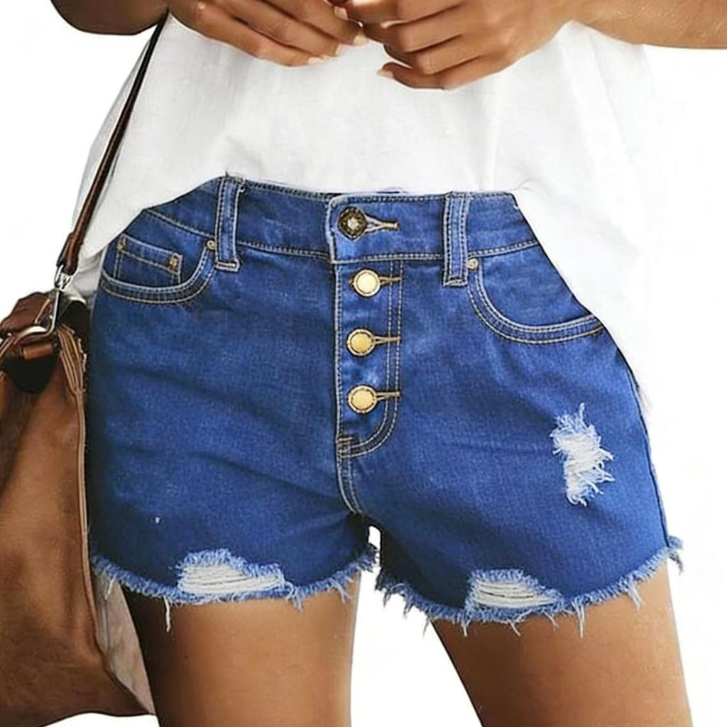 Shorts vaqueros de cintura alta para mujer, rotos, con dobladillo deshilachado, cierre de botón, rasgados, informales, de moda, vaqueros con bolsillos