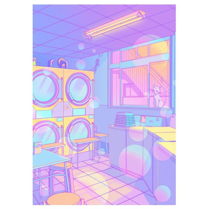 80s Vaporwave Style Wall Art Poster City Night Street Cat Canvas Painting Print Home Decoration Kawaii Room Decor Canvas Picture