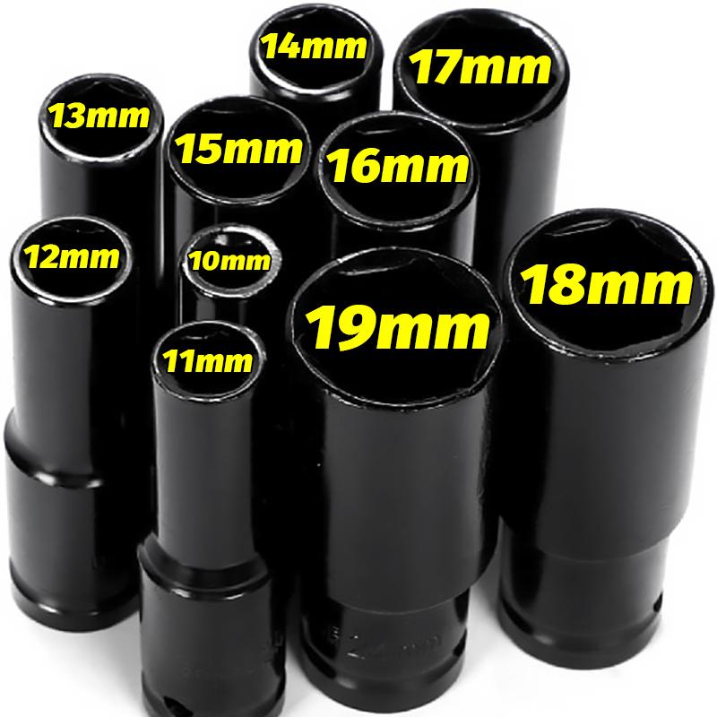 15-19mm Extended Hexagon Socket 6-Point Impact Sockets Metric Wrench Deep Impact Socket Wrench Head Tire Removal Car Repair Tool