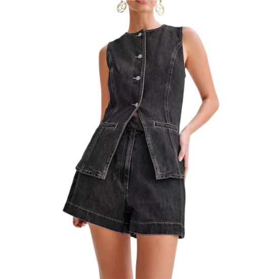 Women Vest Shorts Sleeveless Single-breasted Split Hem Round Neck Buttons Slim Fit
