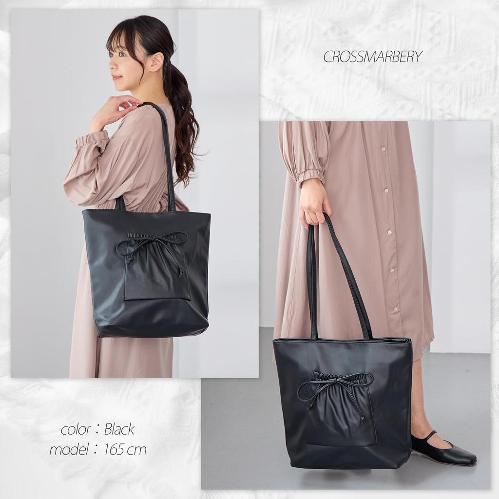 Crossmarberry Vertical Tote A4 Perfect for Faux Large Large Shoulder Fits Long R96 Black Women's Bag, Size, Commuting, Leather, Capacity, Ribbon,