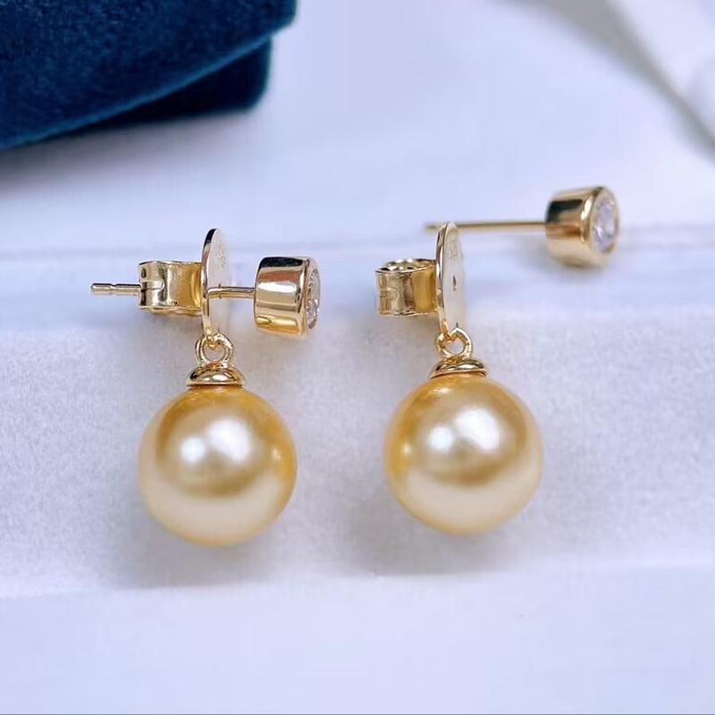 10mm Natural Golden Round Pearls Simple Zircons Stud Earrings DIY 925 Silver Holder Fine Wedding Jewelry for Women