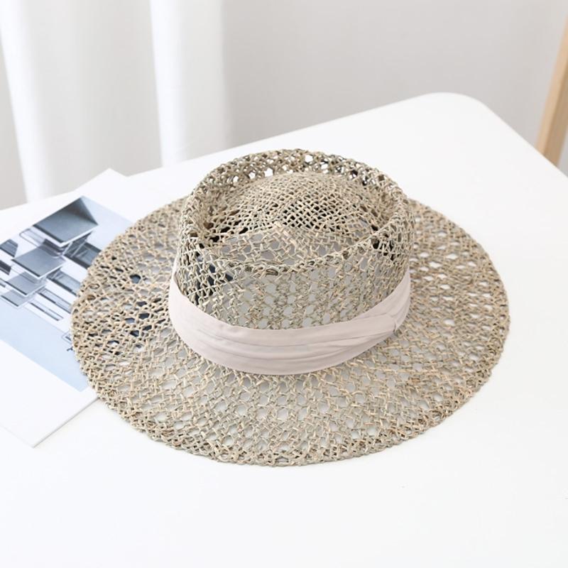 Woven Straw Hat Beach Sun Hat Hollows Out Sunhat Stylish Wide Border Hat for Casual Outings