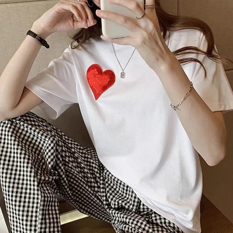 Damen-Freizeit-T-Shirt mit besticktem Herz, Rundhalsausschnitt und kurzen Ärmeln