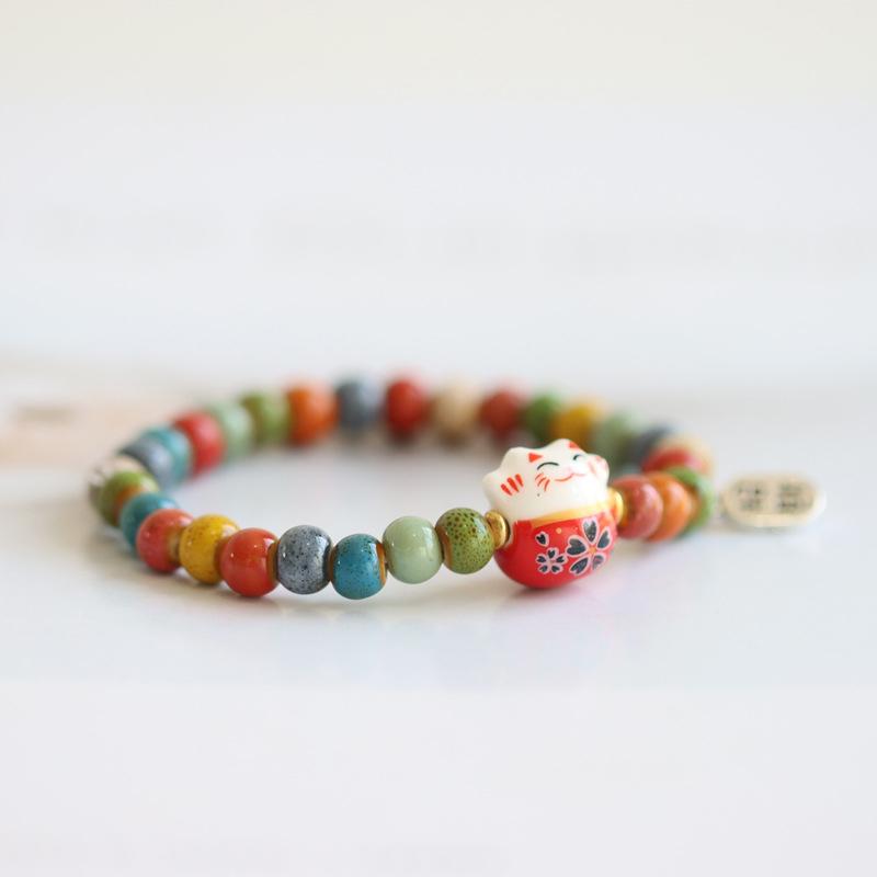Bracelet chat porte-bonheur mignon pour filles, bracelets de perles colorées réglables
