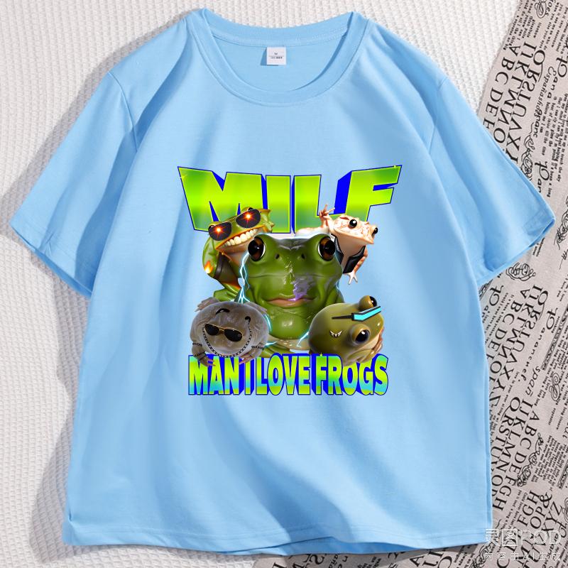 MILF Man I Love Frogs TShirt Funny Frog Meme T Shirt Retro Graphic Tee Y2K Frog Lover Gift Loose Short Sleeve Male Clothing