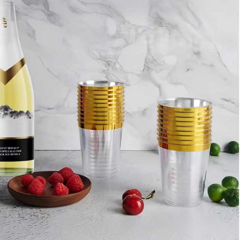 50pcs 10oz Golden Rim Cups, Durable Hard Plastic Water Glasses Suitable for Weddings and Parties, Party Dinnerware Drink Ware