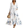 Women’s Long Sleeve Floral Print Maxi Dress with V Neck and Pleated Skirt for Spring and Autumn Holiday Wear