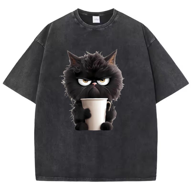 T Shirt Vintage Coffee Cat Washed Cotton TShirt Graphic Tee Casual Streetwear Spring Summer