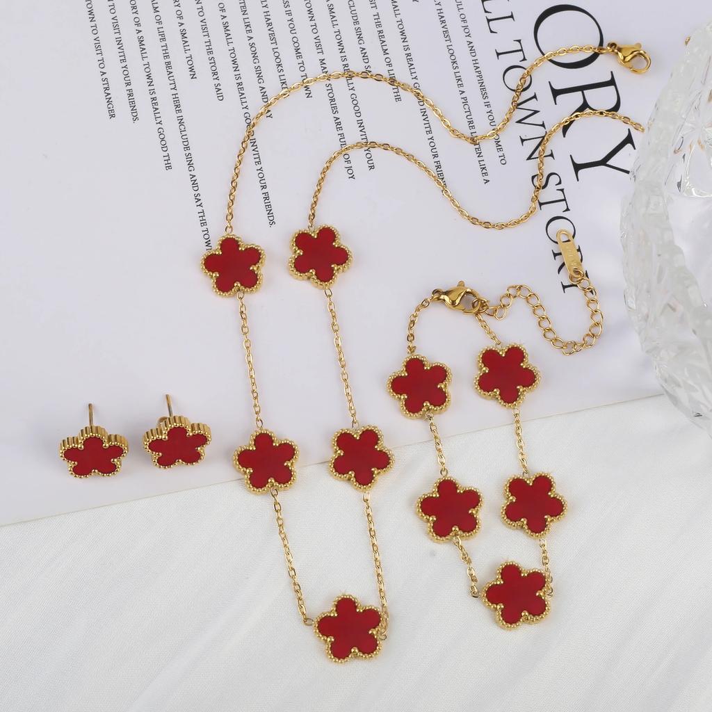 jewelry sales stainless steel five-leaf flower necklace bracelet earrings set high sense women's shamrock jewelry party