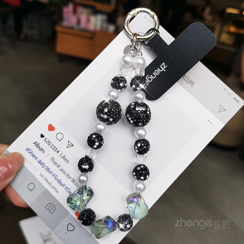 Pearl crystal mobile phone lanyard, short sparkling diamond bead bracelet, women's wrist anti lost hanging accessory