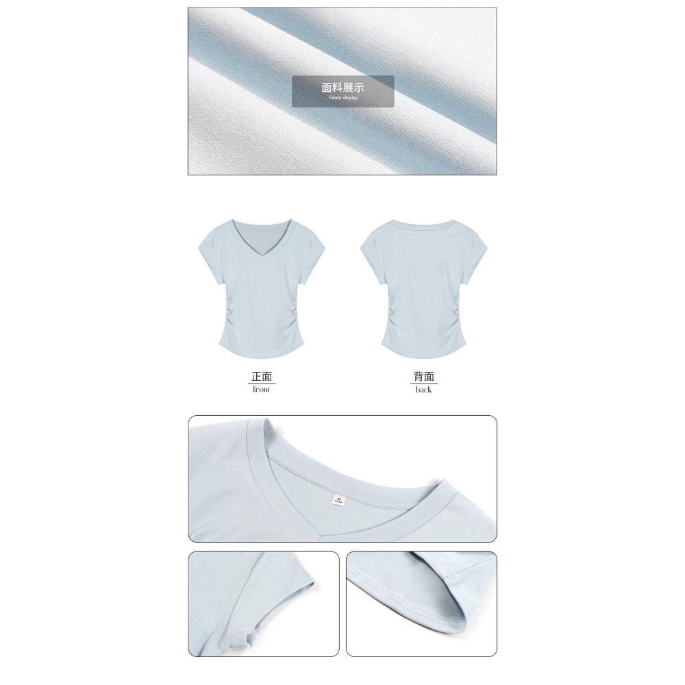 Cotton Blue Shoulder Short Sleeved T-shirt for Women In Summer, Slim Fit and Stylish, Pleated Waist Cinching Short T-shirt Top