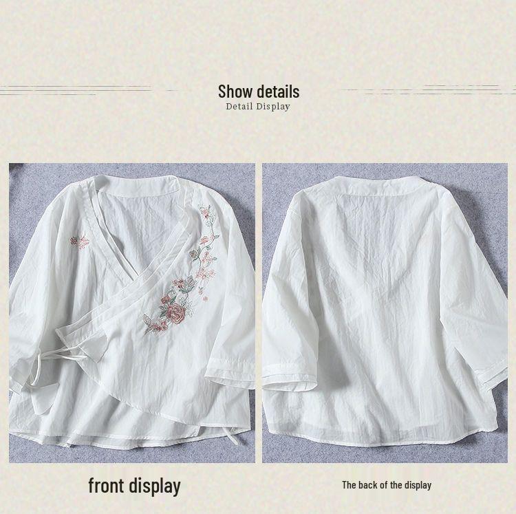 2024 Dámský top ve stylu zen, bavlněno-lněný, vyšívaný, se šikmým zapínáním, s polovičním rukávem, šněrovací