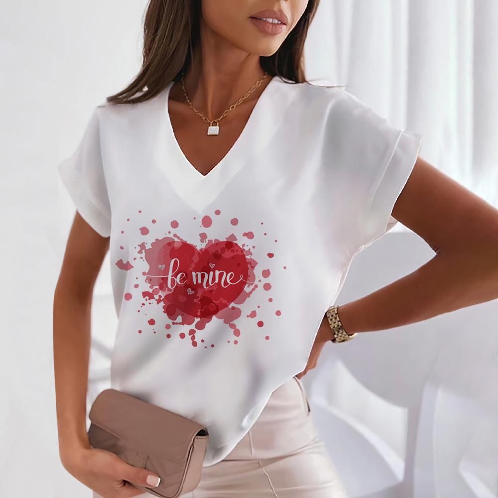 

Футболка Love для женщин, модные топы с v-образным вырезом и короткими рукавами, летняя женская одежда, футболки Harajuku для отдыха, уличные трендовые футболки для девочек 2XL