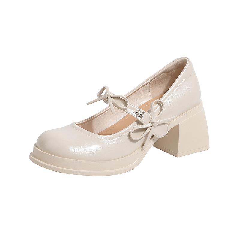French white horse waterproof table Lizhen shoes spring and autumn small leather shoes fairy wind bow thick high heel single shoes female
