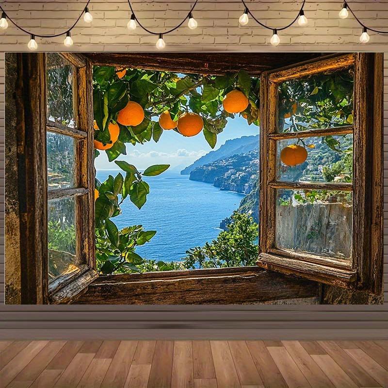 1 Mediterranean coastal landscape, orange through window background - silk fabric landscape photography background 150X100