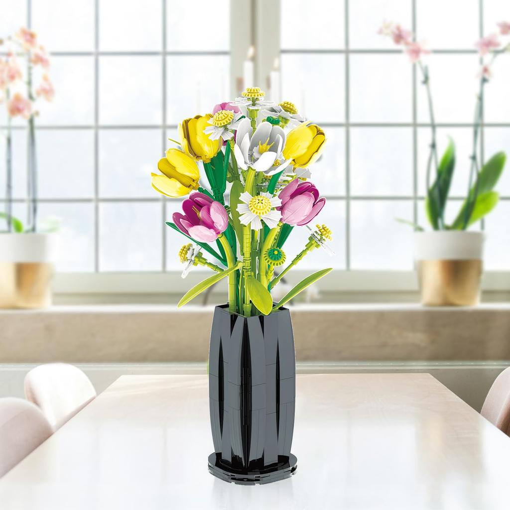 Non-Toxic 1250Pcs Tulip Bouquet Building Blocks Flower Eternal Flower Vase Model Bricks Home Decoration Kids Diy Toys Children Romantic Gifts
