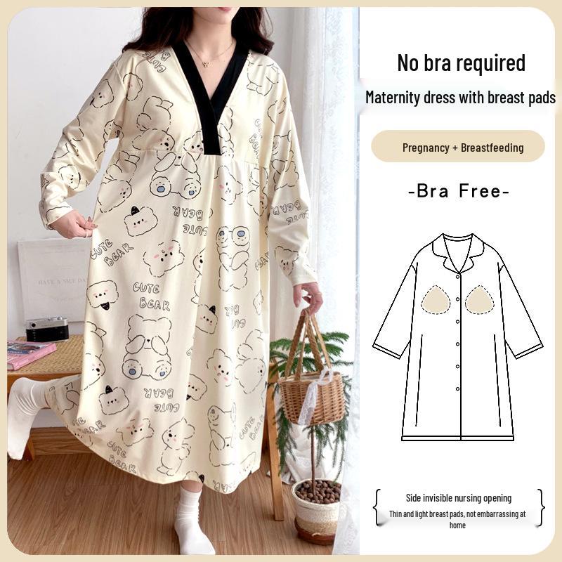 Maternity Labor Gown & Nursing Pajama Set with Built-in Bra for Spring/Summer