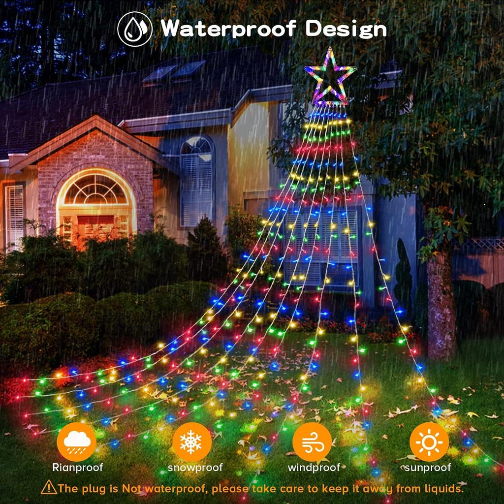 BlcTec Outdoor Christmas Decorations 317 LEDs Christmas Lights with 9 Strands 11.9ft Waterfall Christmas Tree Lights, 8 Modes, Waterproof, Topper
