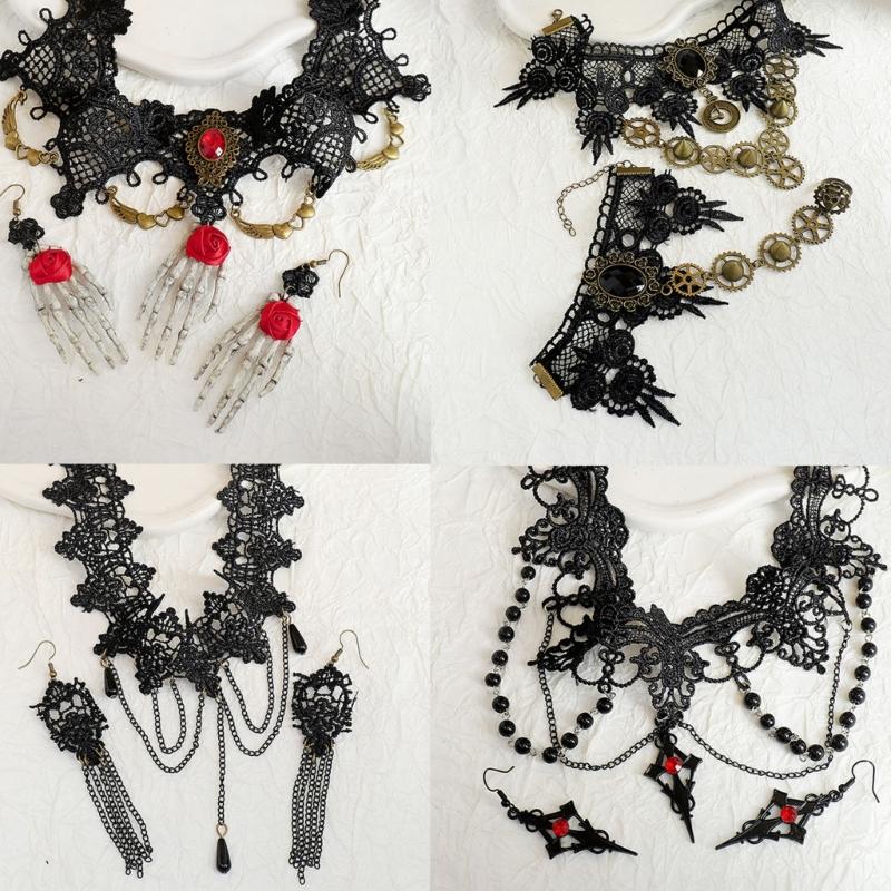 Black Lace Centerpiece Neck Jewelry Set Gothic Statement Accessories for Themed Photo Shoots, Festivals and Halloween Looks